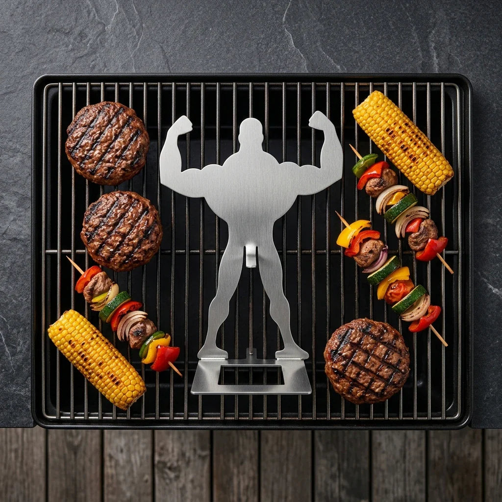 Muscle Grill Guy stainless steel figure standing on barbecue grill with burgers corn and skewers