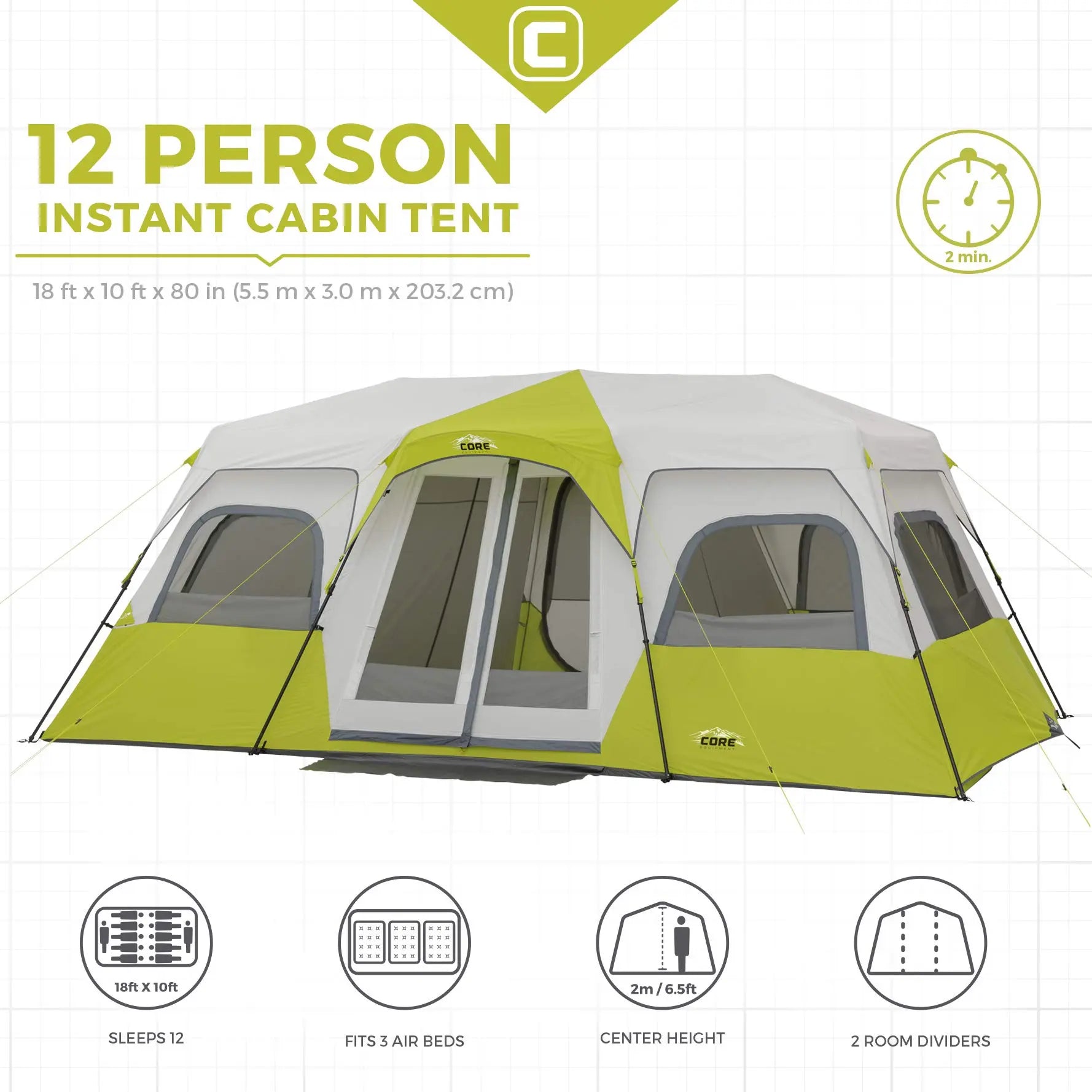 12 Person Instant Cabin Tent 18' x 10' Core Equipment