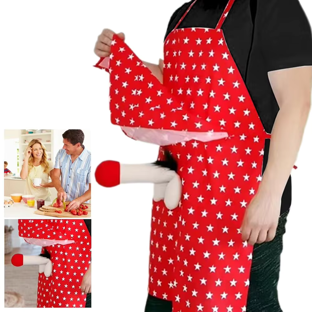 Man wearing the red star Viralhuntz™ prank apron lifting the flap to reveal the joke prank