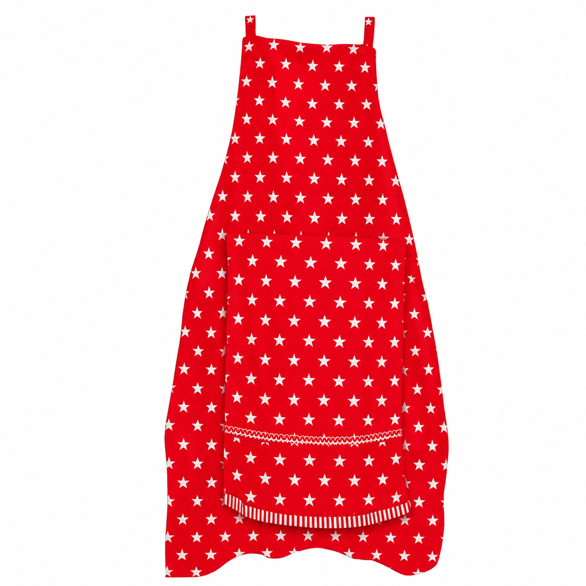 Red star-patterned Viralhuntz™ prank apron laid flat with hand towel hanging from the pocket