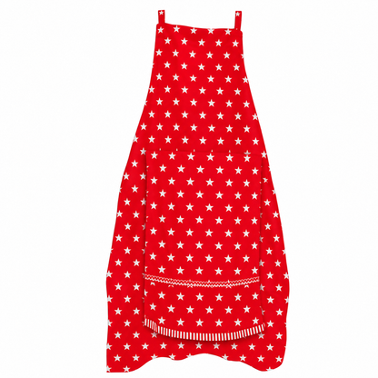 Red star-patterned Viralhuntz™ prank apron laid flat with hand towel hanging from the pocket