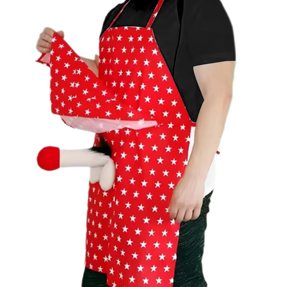 Side view of the red star Viralhuntz™ prank apron being lifted to show the hidden prank